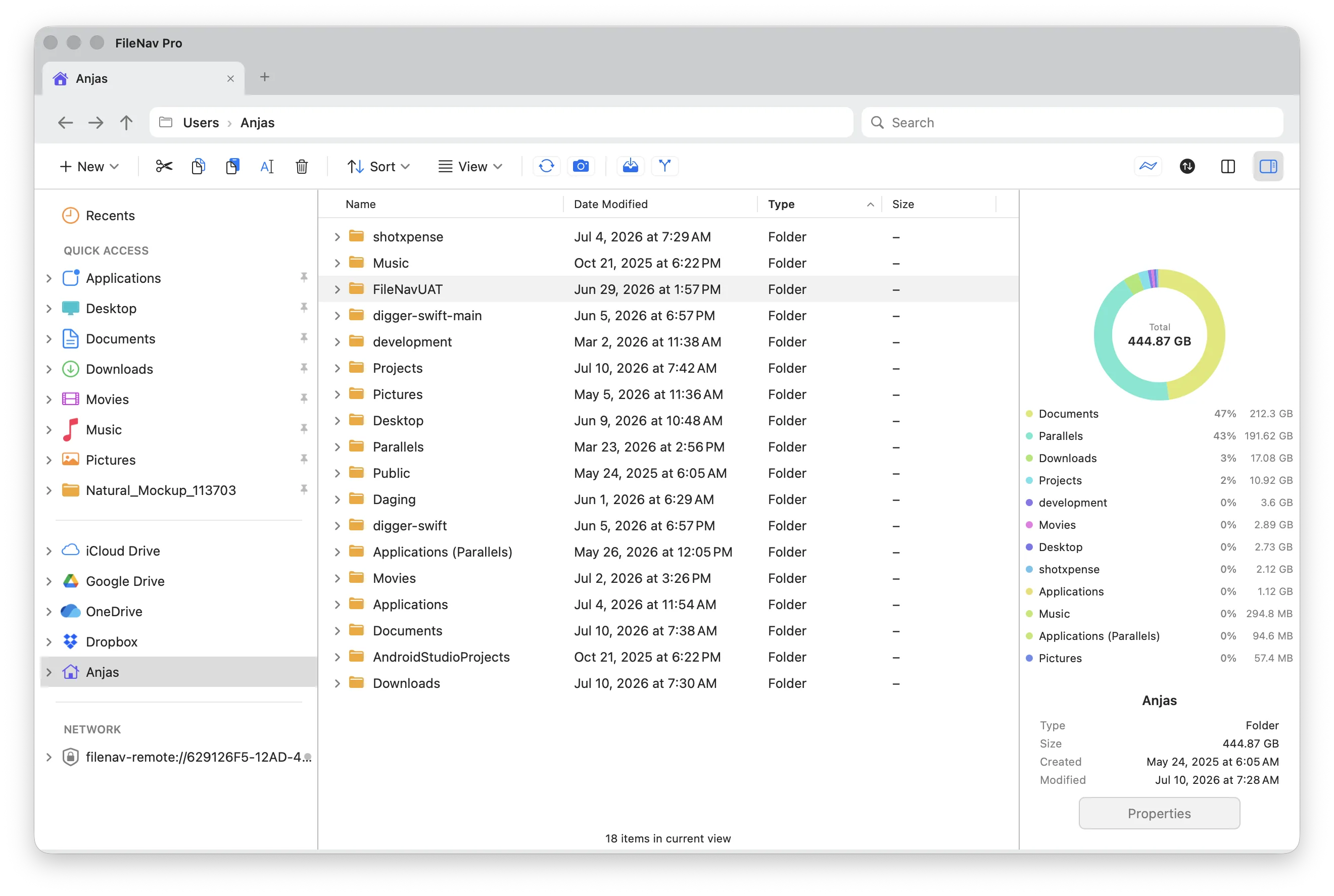 FileNav Pro — Mac file manager with dual-pane browsing, folder tree sidebar, and a built-in disk visualizer